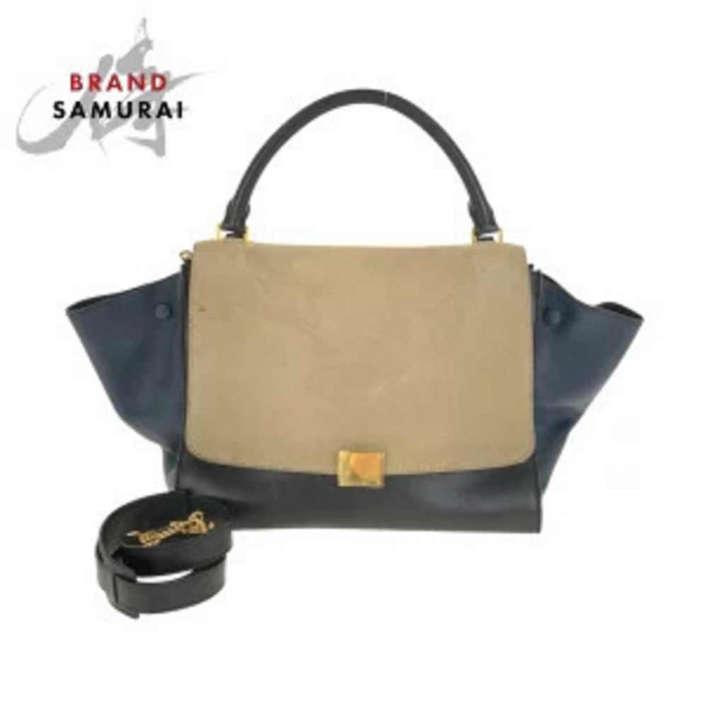 Celine Trapeze Bag Navy Blue Beige Leather Handbag Shoulder